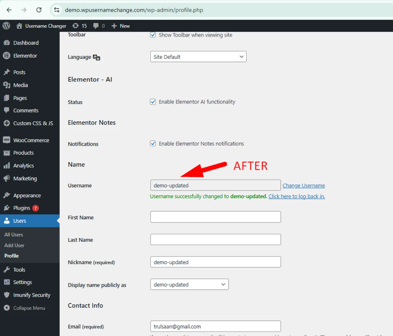 After – username successfully changed