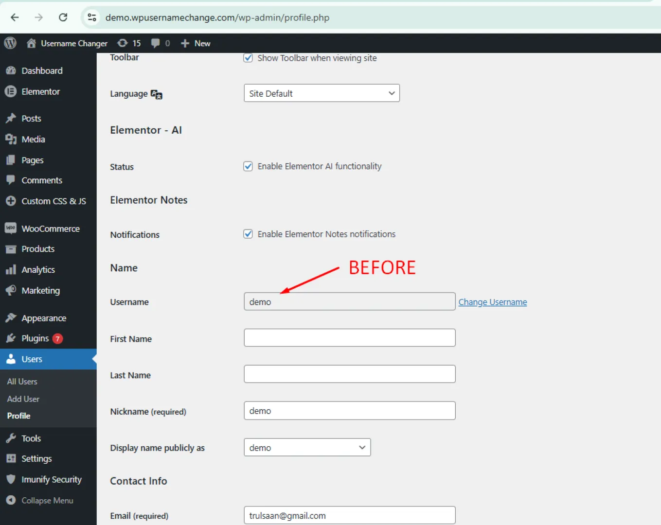 Before – locked username in WordPress dashboard