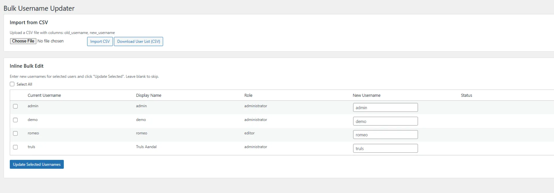 Bulk Username Updater panel
